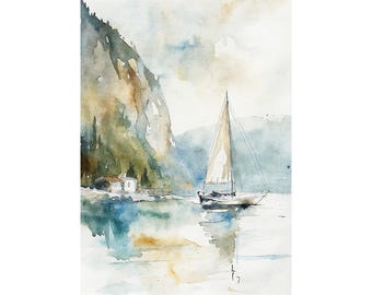 Capri Sailboat Watercolor Print: Italian Coastal Seascape Art