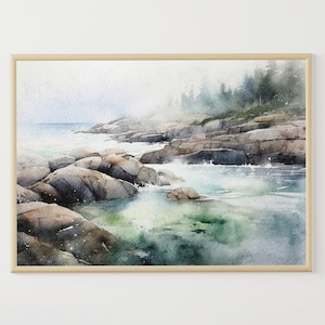 Acadia National Park Painting Maine Landscape Ocean Coast Art Print Large Watercolor