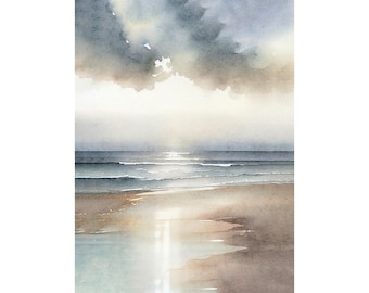 Ocean Beach Watercolor Calm Sea Painting Seascape Artwork Ocean Beach Wall Art Nautical Neutral Landscape