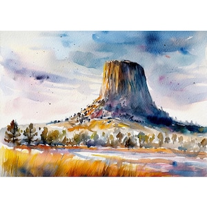 Devils Tower Watercolor Painting Wyoming Travel Wall Art National Monument Poster Mountain Landscape