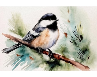 Chickadee Watercolor Print Forest Bird Painting Pine Tree Poster Woodland Wall Art