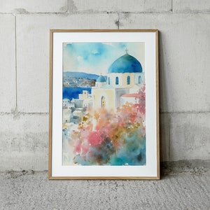 Santorini Art Print Greek Old Town Painting Cityscape Watercolor Mediterranean Landscape image 4