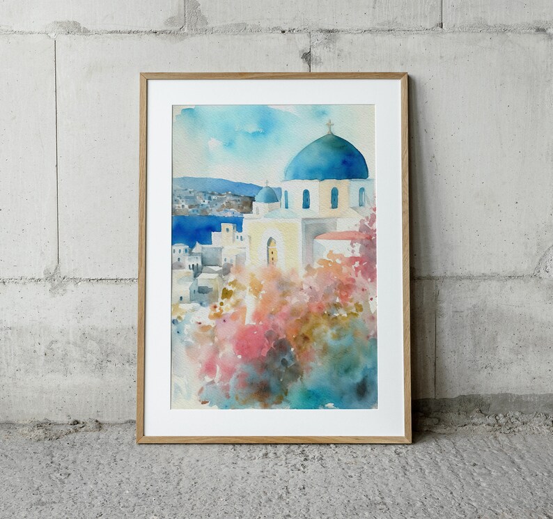 Santorini Art Print Greek Old Town Painting Cityscape Watercolor Mediterranean Landscape image 4