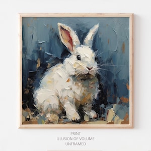 Niedliches Kaninchen Ölgemälde Baby Kaninchen Kunstwerk Tier Wandkunst Weißes Kaninchen DRUCK von einem Ölgemälde