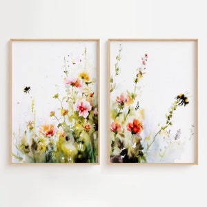 Honey Bee Set Of 2 Watercolor Prints Flowers Painting Bee Poster Floral Wall art