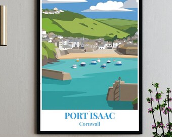 Impresión vectorial de arte panorámico moderno de Port Isaac, Cornualles