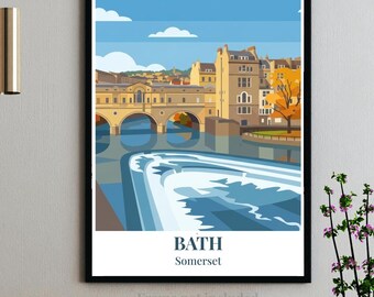 Póster del puente Pulteney de Bath - Somerset - Impresión artística vectorial de viajes panorámicos modernos