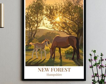 Póster de New Forest - Hampshire - Impresión de caballos y ponis - Arte vectorial escénico moderno