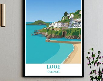 Póster de Looe, Cornualles: Impresión artística vectorial de viajes panorámicos modernos