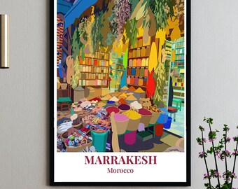 Póster de Marrakech - Marruecos - Especias del mercado de Marrakech - Arte vectorial escénico moderno