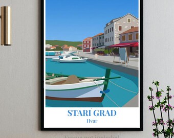 Póster de Stari Grad Hvar - Croacia - Arte vectorial escénico moderno
