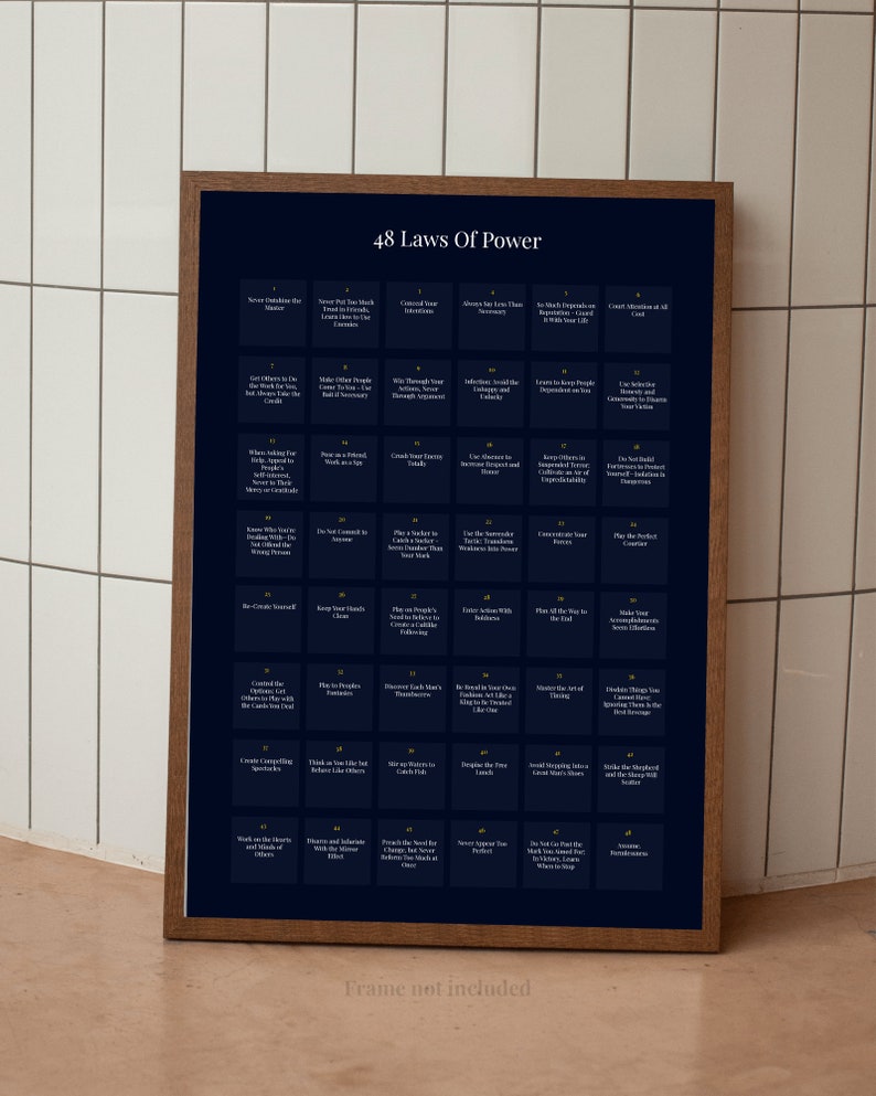 May include: A framed print with a dark blue background and white text, titled "48 Laws of Power." The print features a grid of numbered text boxes, each with a law. The frame is a warm brown color. The words "Frame not included" are at the bottom.
