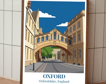 Póster del Puente de los Suspiros de Oxford - Impresión de Oxfordshire, Inglaterra - Impresión artística vectorial de viajes panorámicos modernos