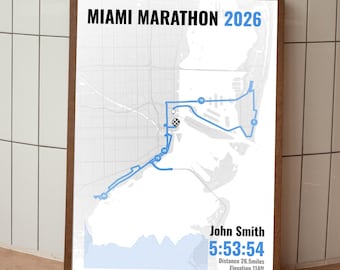 Impresión del tiempo de finalización del Maratón de Miami 2026 / Póster de maratón personalizado GPX / Regalo para corredores