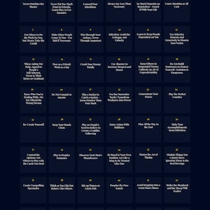 May include: A dark blue poster with the title "48 Laws of Power" and numbered rules in white boxes. The rules are in a grid format, offering advice on power dynamics and strategy.