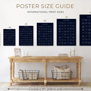 May include: A wall display of posters in various sizes, labeled A5 to A0, with the text "Poster Size Guide" and "International Print Sizes." The posters are dark blue with white text. A wooden console table, 90 inches wide, sits below the posters, with decorative items.