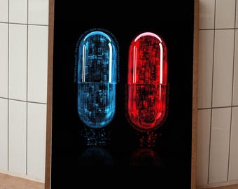 Píldora roja o píldora azul: póster ciberpunk inspirado en una película.