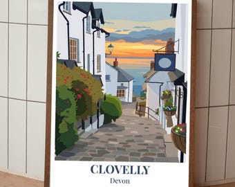 Póster de Clovelly - Devon - Impresión artística vectorial de viajes panorámicos modernos