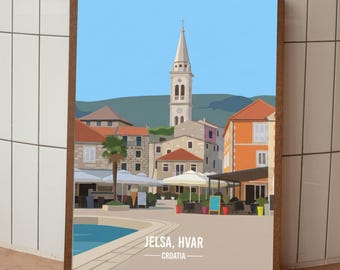 Póster de Jelsa y Hvar - Impresión de Croacia - Impresión vectorial de arte panorámico moderno