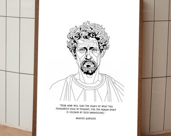May include: Black and white line art print of a man with curly hair and a quote by Marcus Aurelius: "Your mind will take the shape of what you frequently hold in thought, for the human spirit is colored by such impressions."