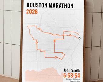 Puede incluir: Impresión enmarcada del Maratón de Houston 2026, con la ruta en naranja sobre un mapa gris. Incluye el nombre del corredor, el tiempo, la distancia de 42,65 km y la elevación de 29,87 m.