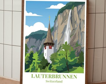 Póster de la iglesia de la cascada de Lauterbrunnen - Impresión suiza - Impresión artística vectorial de viajes panorámicos modernos