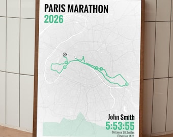 Impresión del tiempo de finalización del Maratón de París 2026 / Póster personalizado del maratón en formato GPX / Regalo para corredores