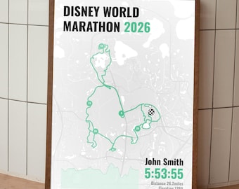 Impresión del tiempo de finalización del Maratón Disney World 2026 / Póster personalizado del maratón / Regalo para el corredor
