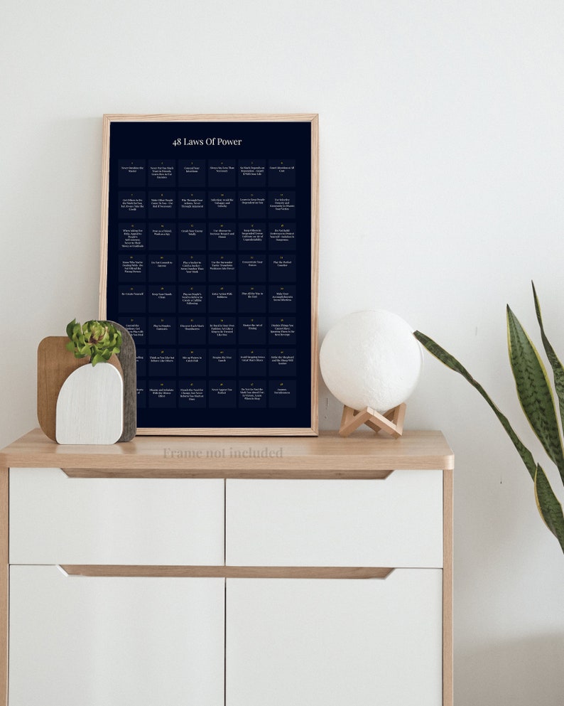May include: A framed print titled "48 Laws of Power" with a dark blue background and white text. The print is displayed on a light wood-toned cabinet with a white front. A decorative vase and a spherical lamp are also on the cabinet.