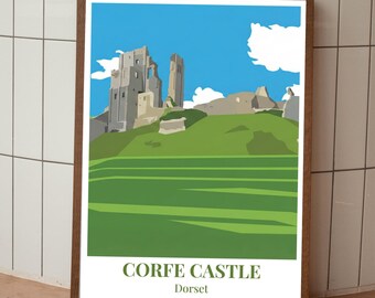 Póster del castillo de Corfe, Dorset: impresión artística vectorial de viajes panorámicos modernos