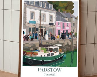 Póster de Padstow, Cornualles: Impresión artística vectorial de viajes panorámicos modernos