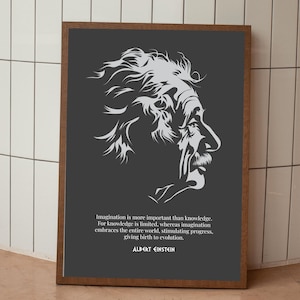 Pode incluir: Uma ilustração em preto e branco de Albert Einstein com uma citação sobre a imaginação ser mais importante do que o conhecimento. A citação diz: "A imaginação é mais importante do que o conhecimento. Porque o conhecimento é limitado, enquanto a imaginação abrange o mundo inteiro, estimulando o progresso, dando origem à evolução." A citação é atribuída a Albert Einstein.