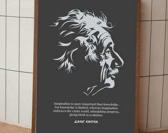 Póster motivacional de Albert Einstein: La imaginación es más importante que el conocimiento. Póster científico inspirador.