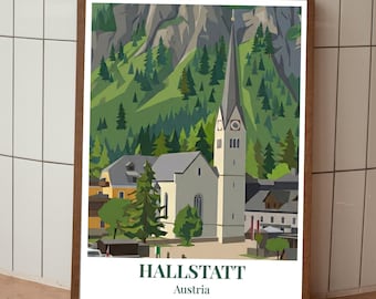 Póster de Hallstatt - Impresión de Austria - Impresión artística vectorial de viajes panorámicos modernos