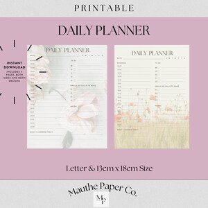 May include: Printable daily planner with two designs, one with a floral pattern and the other with a poppy field. The planner is available in letter and 13cm x 18cm sizes. The text "Instant Download" is visible in the image.