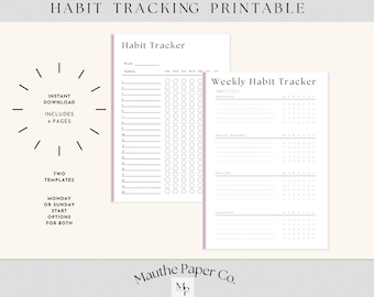 May include: Printable habit tracker with two templates: a weekly habit tracker and a daily habit tracker. The weekly tracker has sections for daily routines, health and wellness, self-care, and work/life balance. The daily tracker has a grid of 25 days with circles for marking habits.