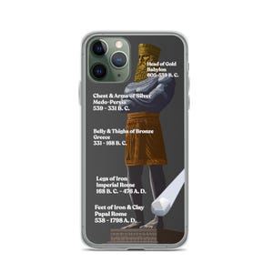 May include: A clear phone case featuring a graphic of a statue with labels: Head of Gold Babylon 605-539 B.C., Chest & Arms of Silver Medo-Persia 539-331 B.C., Belly & Thighs of Bronze Greece 331-168 B.C., Legs of Iron Imperial Rome 168 B.C.-476 A.D., Feet of Iron & Clay Papal Rome 538-1798 A.D.