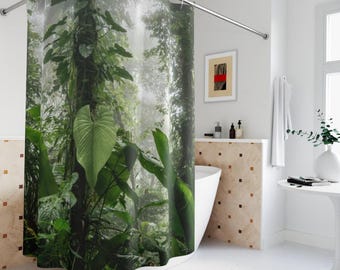 Cortina de ducha con diseño de selva tropical / Decoración de baño con hojas exuberantes de la jungla y efecto de niebla