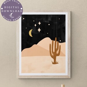 Cactus Moon Wall Art, Celestial Art Prints, Boho Desert Art, Bohemian Moon Art, Cactus Wall Art, Southwestern Bedroom Decor, Mountain Print