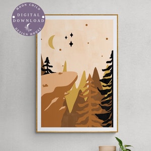 Boho Landscape Print, Terracotta Wall Art, Mountain Cliff Print, Mid Century Abstract Art, Mountain Moon, Minimal Wall Art, Boho Wall Decor