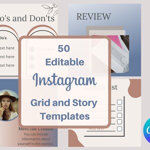May include: A set of 50 editable Instagram grid and story templates in a blue and brown colour scheme. The templates feature a variety of designs, including checklists, "Do's and Don'ts" lists, and "Meet the Creator" sections. The templates are designed to help users create visually appealing and engaging content for their Instagram accounts.