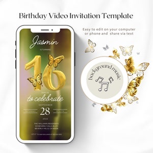 16th Birthday Video Invitation, Sweet Sixteen Invite, Editable Template, Butterfly Birhtday Invite, Party Evite, Instant Download