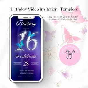 16th Birthday Video Invitation, Sweet Sixteen Invite, Editable Template, Butterfly Birhtday Invite, Party Evite, Instant Download