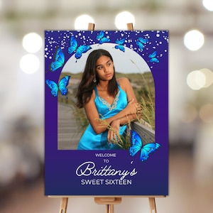 16th Birthday Welcome Sign, Butterfly Sweet Sixteen Sign,  Quinceanera Welcoming Sign, Sweet 16 Party Poster, Editable Template