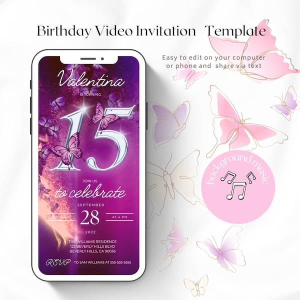 15e verjaardag video uitnodiging kweepeer uitnodigen Quinceañera uitnodiging papierloze Quinceanera uitnodiging Sweet 15 uitnodiging bewerkbare sjabloon
