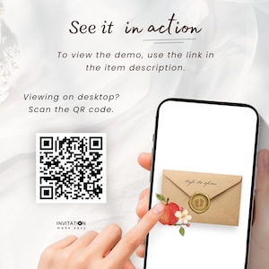 Peut inclure: Un &eacute;cran de smartphone affiche une enveloppe num&eacute;rique marron avec un sceau en cire dor&eacute;e orn&eacute; d'empreintes de b&eacute;b&eacute; et d'une pomme. Le texte indique : See it in action, To view the demo, use the link in the item description, Viewing on desktop? Scan the QR code.