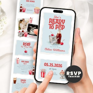 Puede incluir: Un teléfono inteligente muestra una invitación para un baby shower con el texto "She's Ready to Pop". La invitación presenta ilustraciones de una botella de refresco, cerezas y un helado. Se ven tarjetas adicionales con detalles del baby shower.