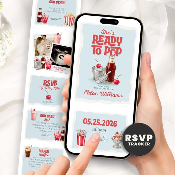 Ready to Pop Baby Shower Invitation Website, Retro Soda Shop Digital Evite with Online RSVP, Editable Canva Web Template