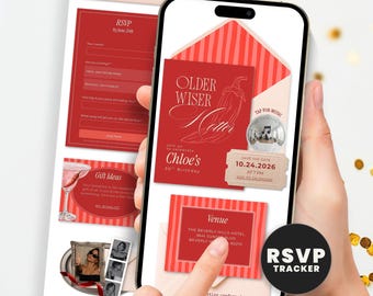 Older Wiser Hotter Red Birthday Website Invitation with Online RSVP Guest Tracker, Editable Digital Template, Text Message Evite
