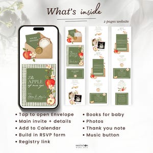 Peut inclure: Un mod&egrave;le d'invitation num&eacute;rique pour f&ecirc;te pr&eacute;natale affich&eacute; sur un &eacute;cran de smartphone et trois panneaux verticaux. Le design pr&eacute;sente un motif &agrave; carreaux vert et blanc, des pommes rouges et des fleurs blanches. Le texte inclut "What's inside" et "The Apple of our eye."